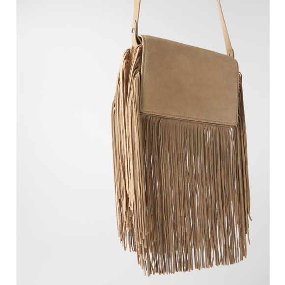ZARA Leather Crossbody Fringe Bag Tan/Taupe - Picture 2 of 8